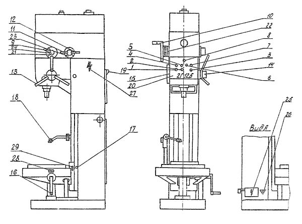 2Г125 Розташування органів керування свердлильним верстатом